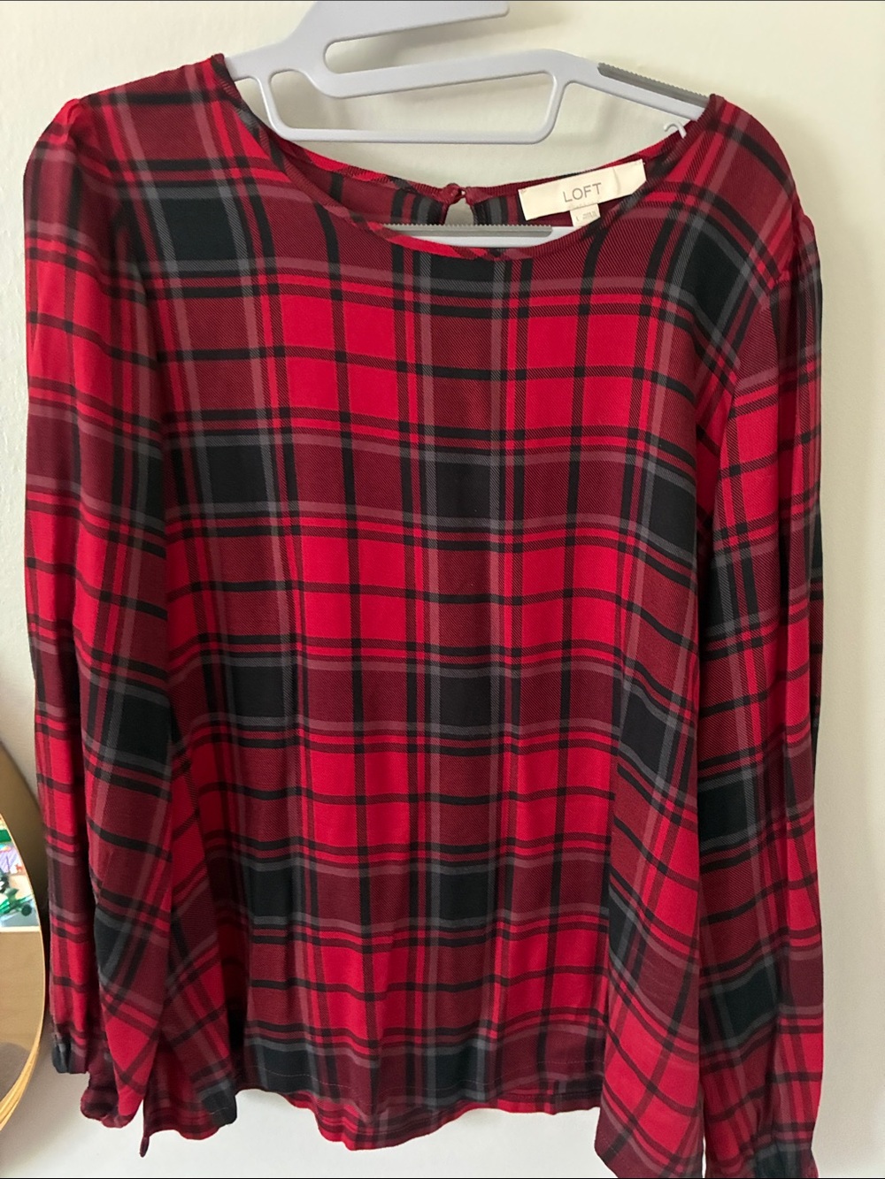 LOFT Red and Black Plaid Long-Sleeve Blouse